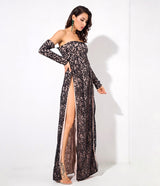 Princess Of Charm Black Bardot Glitter Double Split Maxi Dress - Fashion Genie Boutique