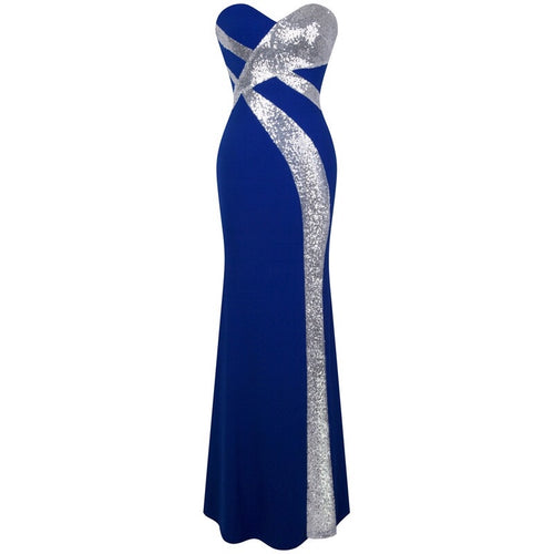 Dazzling Diva Blue & Silver Strapless Sequin Maxi Gown Dress - Fashion Genie Boutique