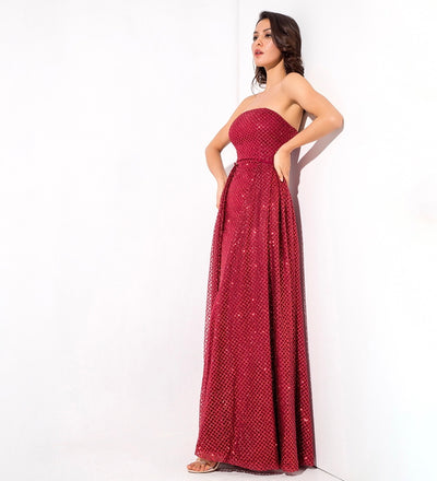A Star Is Born Red Glitter Strapless Maxi Gown Dress - Fashion Genie Boutique