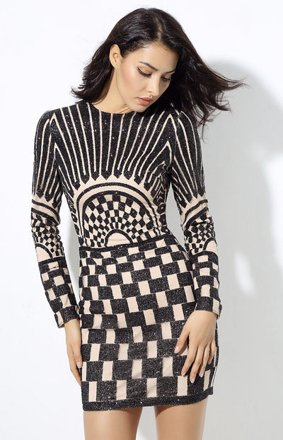 Harlie Black & Nude Glitter Long Sleeve Mini Dress - Fashion Genie Boutique