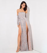 Princess Of Charm Silver Bardot Glitter Double Split Maxi Dress - Fashion Genie Boutique
