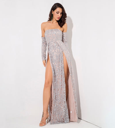 Princess Of Charm Silver Bardot Glitter Double Split Maxi Dress - Fashion Genie Boutique