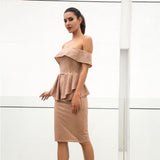 Ciao Babe Gold Bardot Glitter Embellished Peplum Midi Dress - Fashion Genie Boutique