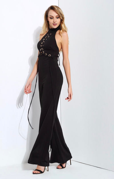 Greatest Love Story Black Eyelet Lace Up Jumpsuit - Fashion Genie Boutique