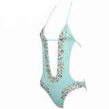 Petunia Mint Green Crystal Embellished Monokini Swimsuit - Fashion Genie Boutique