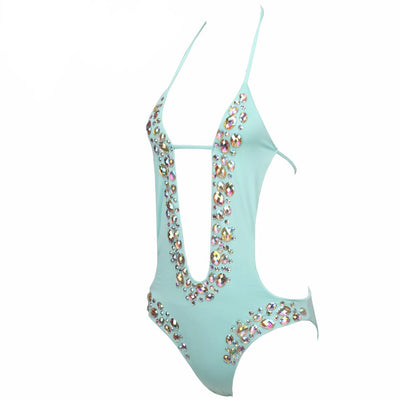 Petunia Mint Green Crystal Embellished Monokini Swimsuit - Fashion Genie Boutique