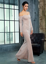 Molly Silver Bardot Glitter Embellished Long Sleeve Maxi Fishtail Dress - Fashion Genie Boutique