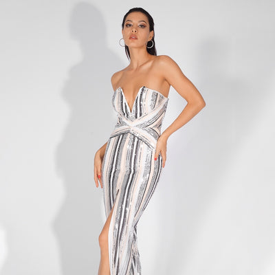 Cuddle Me Crazy Multi Stripe Strapless Split Maxi Dress - Fashion Genie Boutique