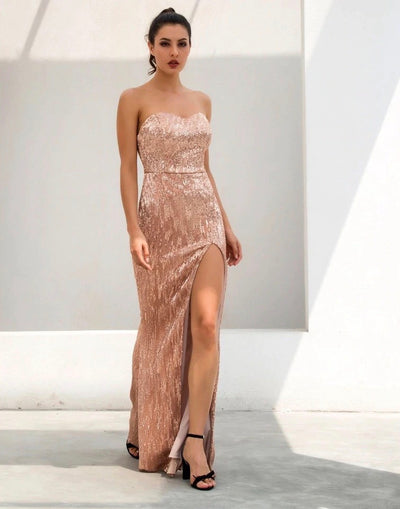 Disco Belle Champagne Sequin Strapless Split Maxi Gown Dress - Fashion Genie Boutique