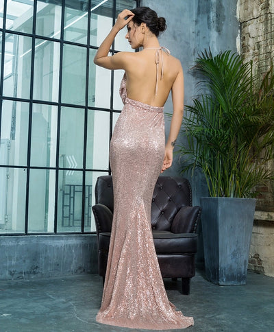 Alabama Rose Gold Cowl Neck Sequin Maxi Fishtail Dress - Fashion Genie Boutique