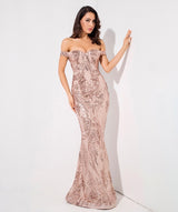 Sweetheart Rose Gold Bardot Sequin Maxi Fishtail Dress - Fashion Genie Boutique