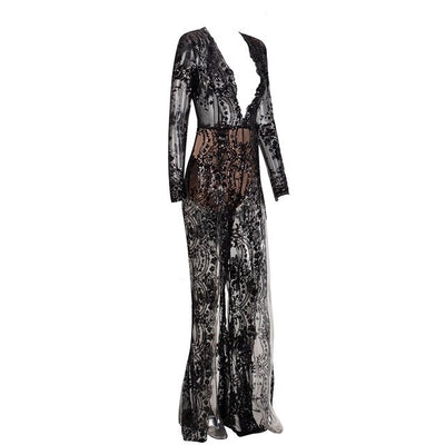 Lady Boss Black Sequin Long Sleeve Split Leg Jumpsuit - Fashion Genie Boutique