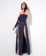 Princess Of Charm Navy Bardot Glitter Double Split Maxi Dress - Fashion Genie Boutique