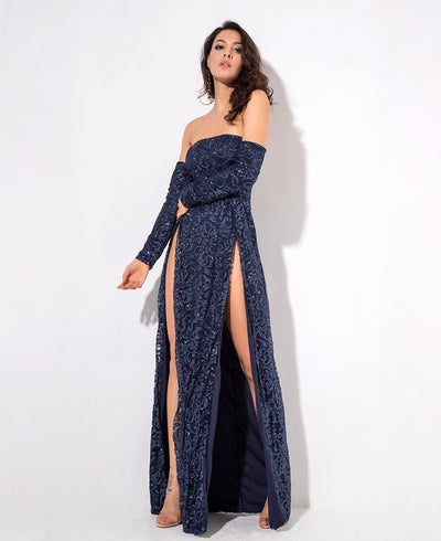 Princess Of Charm Navy Bardot Glitter Double Split Maxi Dress - Fashion Genie Boutique