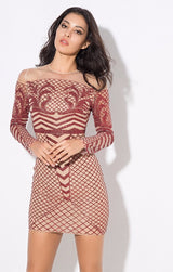Meryl Red & Nude Glitter Long Sleeve Mini Dress - Fashion Genie Boutique