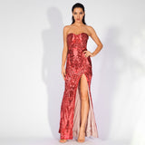 Sweet Vision Red Strapless Sequin Spilt Maxi Gown Dress - Fashion Genie Boutique