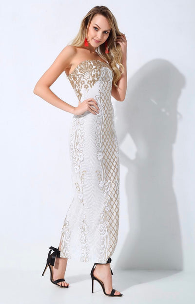 A Long Affair White & Gold Sequin Strapless Maxi Dress - Fashion Genie Boutique