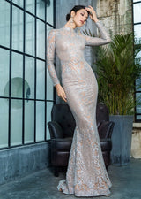 Moroccan Mama Silver Long Sleeve Glitter Fishtail Maxi Dress - Fashion Genie Boutique