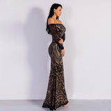 Natalina Black Sequin Bardot Long Sleeve Maxi Dress - Fashion Genie Boutique