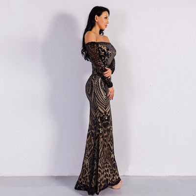 Natalina Black Sequin Bardot Long Sleeve Maxi Dress - Fashion Genie Boutique