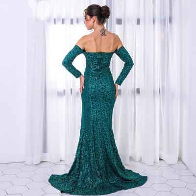 Memories Green Glitter Bardot Side Split Maxi Dress - Fashion Genie Boutique