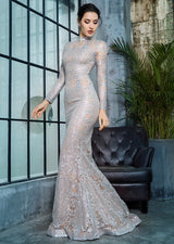 Moroccan Mama Silver Long Sleeve Glitter Fishtail Maxi Dress - Fashion Genie Boutique