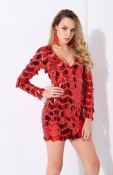 Keep them Keen Red Long Sleeve Sequin Tassel Mini Dress - Fashion Genie Boutique
