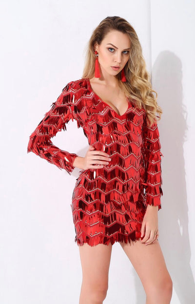 Keep them Keen Red Long Sleeve Sequin Tassel Mini Dress - Fashion Genie Boutique