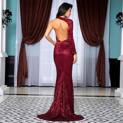 Feeling Chic Red Sequin Long Sleeve Split Maxi Gown Dress - Fashion Genie Boutique