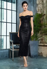 Monte Carlo Black Bardot Glitter Embellished Midi Dress - Fashion Genie Boutique