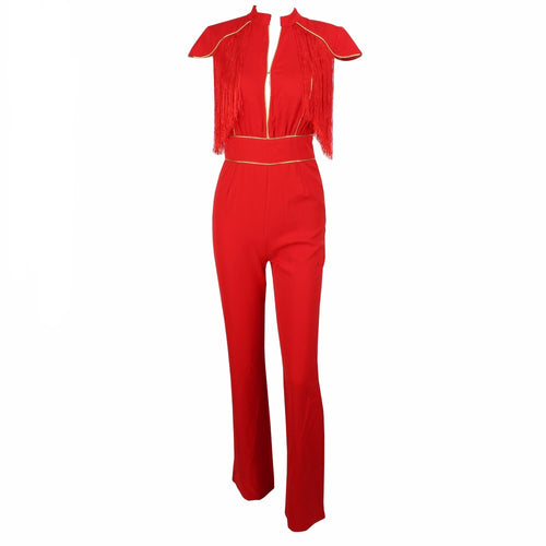 So Extra Red Fringe Shoulder Jumpsuit - Fashion Genie Boutique