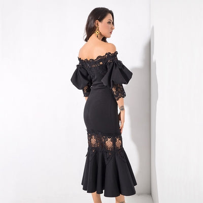 Mamacita Black Bardot Lace Panel Midi Dress - Fashion Genie Boutique
