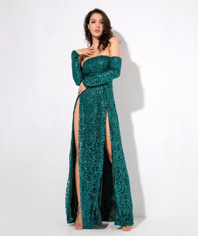 Princess Of Charm Green Bardot Glitter Double Split Maxi Dress - Fashion Genie Boutique