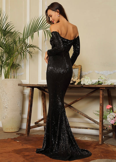 Oh So Fancy Black Bardot Sequin Long Sleeve Maxi Gown Dress - Fashion Genie Boutique