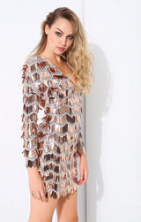 Keep them Keen Rose Gold Long Sleeve Sequin Tassel Mini Dress - Fashion Genie Boutique