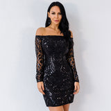 Rage And Romance Black Bardot Sequin Sheer Mini Dress - Fashion Genie Boutique