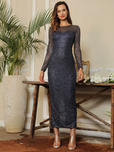 Deep Into You Navy Long Sleeve Glitter Embellished Midi Dress - Fashion Genie Boutique