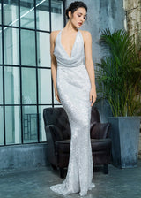 Alabama Silver Cowl Neck Sequin Maxi Fishtail Dress - Fashion Genie Boutique