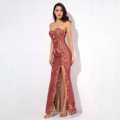 Princess Doll Red Strapless Glitter Maxi Split Fishtail Dress - Fashion Genie Boutique