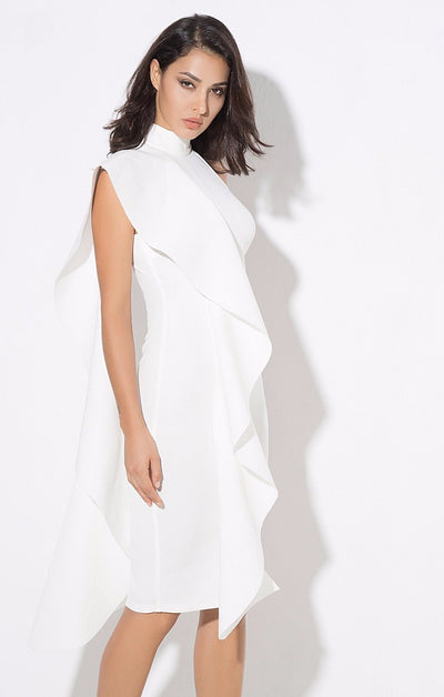 Make Your Move White Frill Bodycon Midi Dress - Fashion Genie Boutique