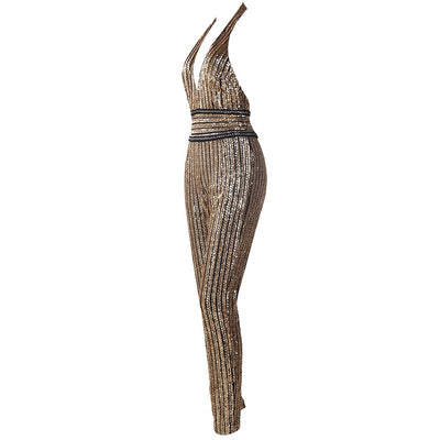 Solana Gold Halter Sequin Jumpsuit - Fashion Genie Boutique