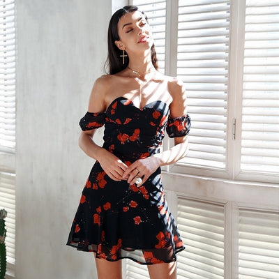 Ellison Black Floral Print Bardot Dress - Fashion Genie Boutique