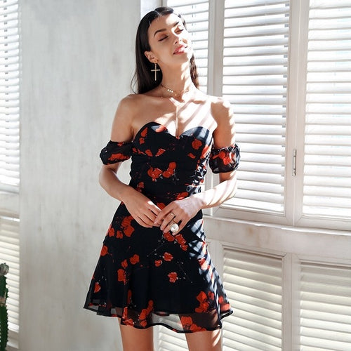 Ellison Black Floral Print Bardot Dress - Fashion Genie Boutique