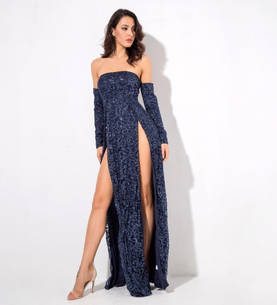 Princess Of Charm Navy Bardot Glitter Double Split Maxi Dress - Fashion Genie Boutique