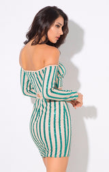 Walk the Line Green Bardot Glitter Mini Dress - Fashion Genie Boutique