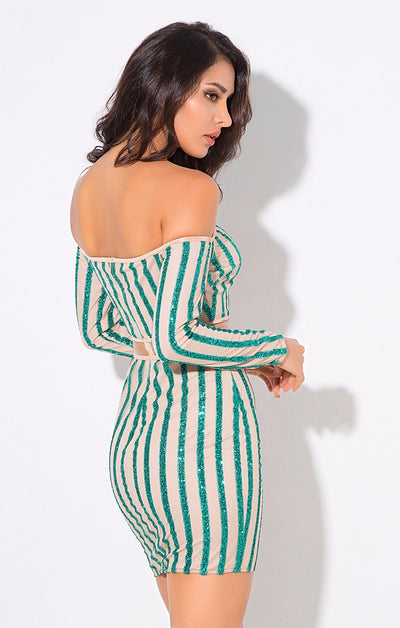 Walk the Line Green Bardot Glitter Mini Dress - Fashion Genie Boutique
