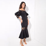 Mamacita Black Bardot Lace Panel Midi Dress - Fashion Genie Boutique
