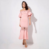 Mamacita Pink Bardot Lace Panel Midi Dress - Fashion Genie Boutique