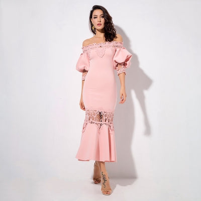 Mamacita Pink Bardot Lace Panel Midi Dress - Fashion Genie Boutique