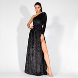 Just One Wish Black Velvet One Shoulder Long Sleeve Maxi Playsuit - Fashion Genie Boutique